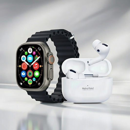 i20 ultra max Smartwatch with black band and white earbuds in a charging case on a reflective surface.