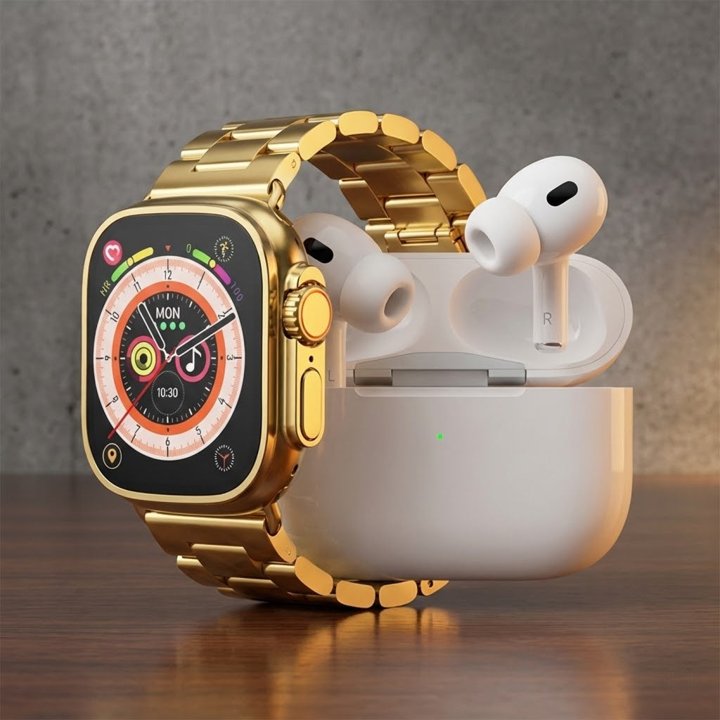 Gold smartwatch and white wireless earbuds in charging case on a wooden surface with gray background