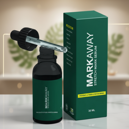 MARKAWAY stretch mark serum bottle and packaging on a reflective surface with a blurred indoor background