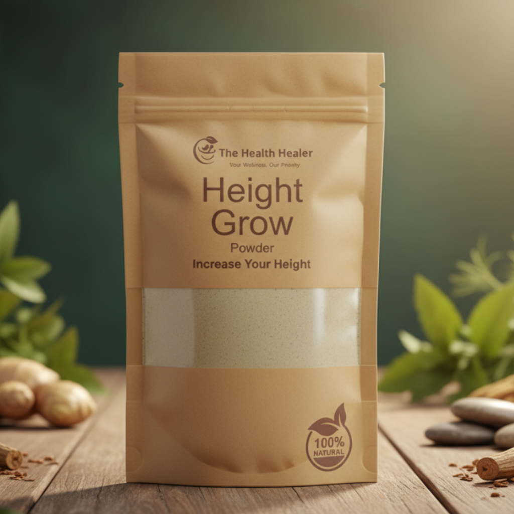 Package of 'Height Grow' powder by The Health Healer on a wooden surface with plants in the background.