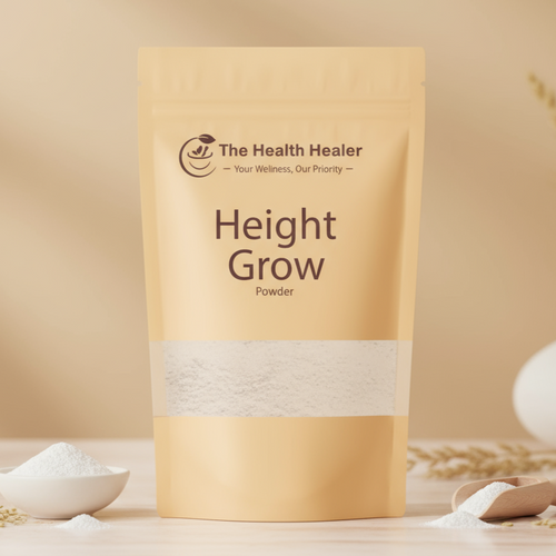 Package of 'Height Grow Powder' by 'The Health Healer' on a wooden surface with a neutral background.