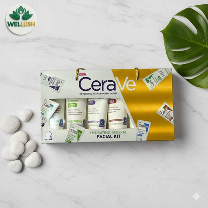 CeraVe facial kit on a white marble surface with a leaf and stones.
