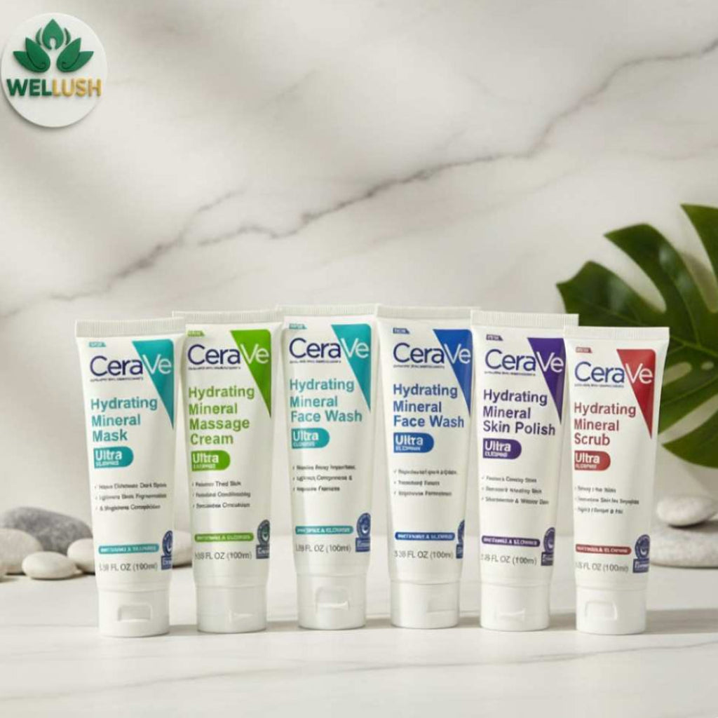 CeraVe skincare products on a marble surface with a monstera leaf in the background.