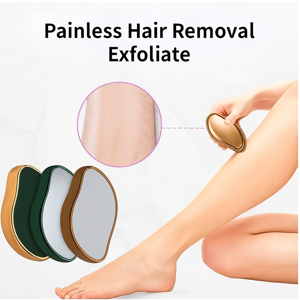 Painless hair removal device with a close-up of skin and three color options on a white background.