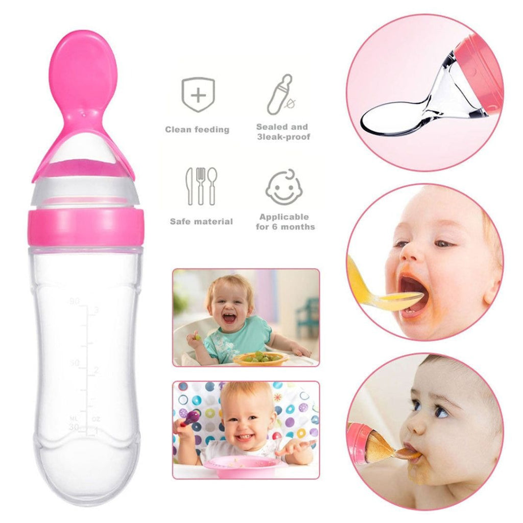 Pink baby feeding bottle with spoon attachment and images of babies using it.
