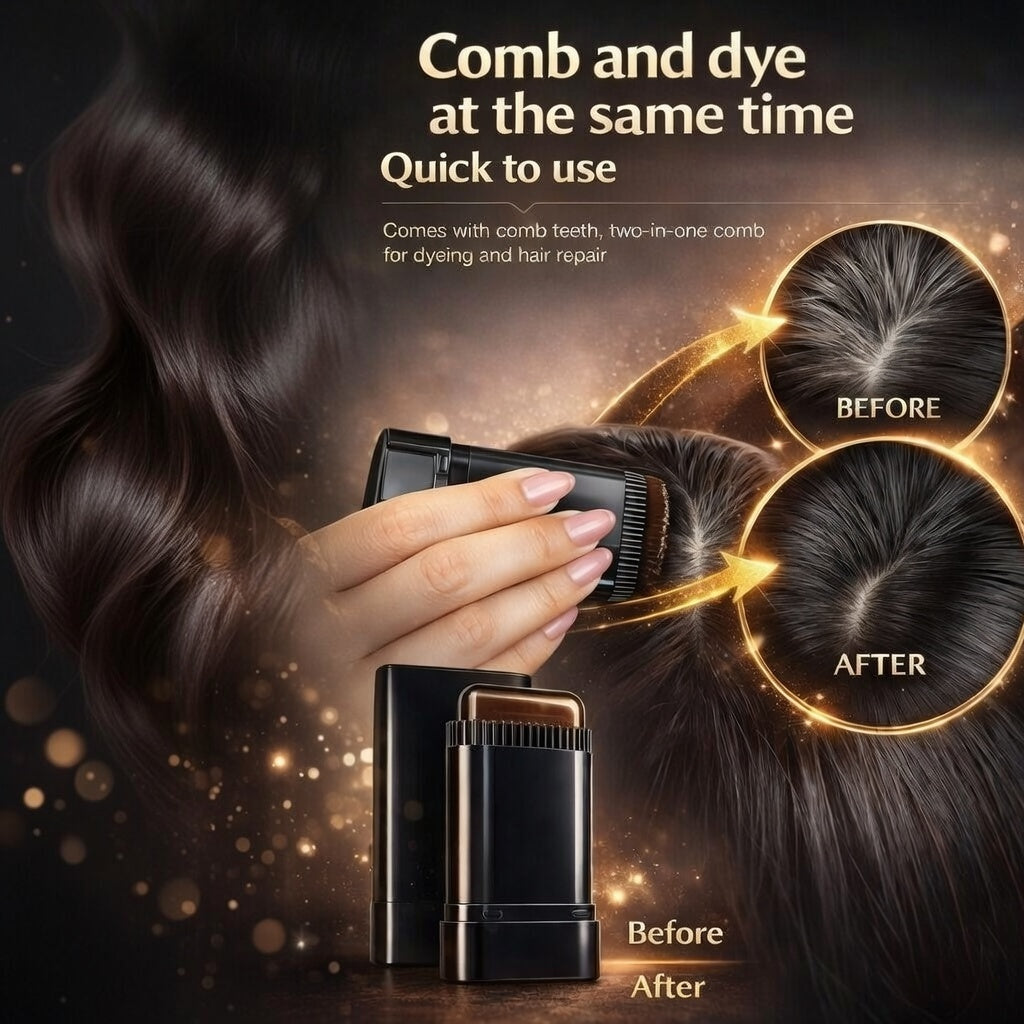 Hair comb and dye product with 'Before' and 'After' hair illustration on a dark background