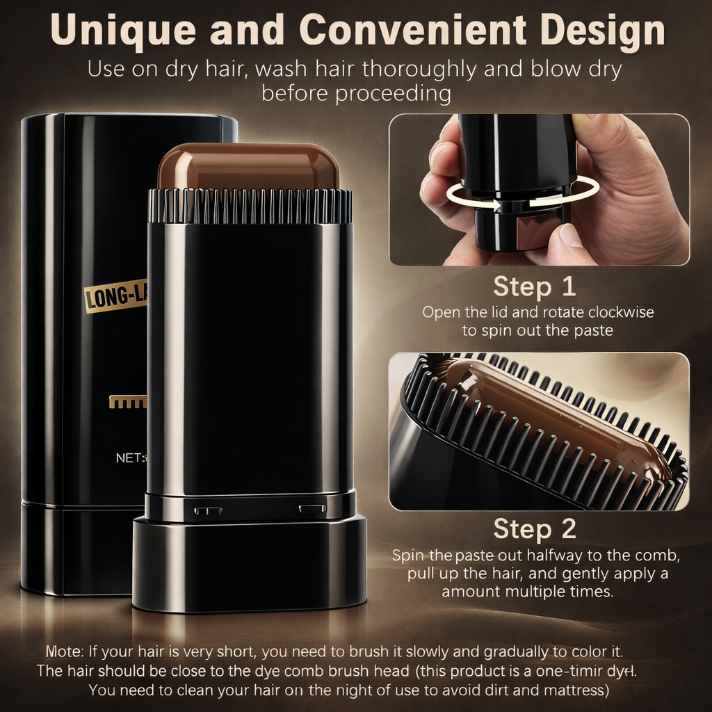 Hair color product with packaging and usage instructions on a dark background