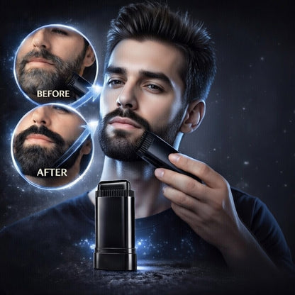 Man using a beard color dye with 'before' and 'after' comparisons on a dark background