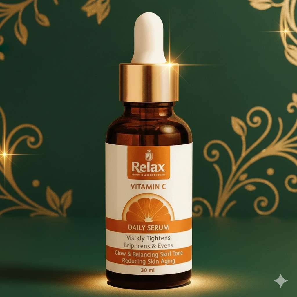 Relax Vitamin C daily serum bottle with dropper on a decorative green background