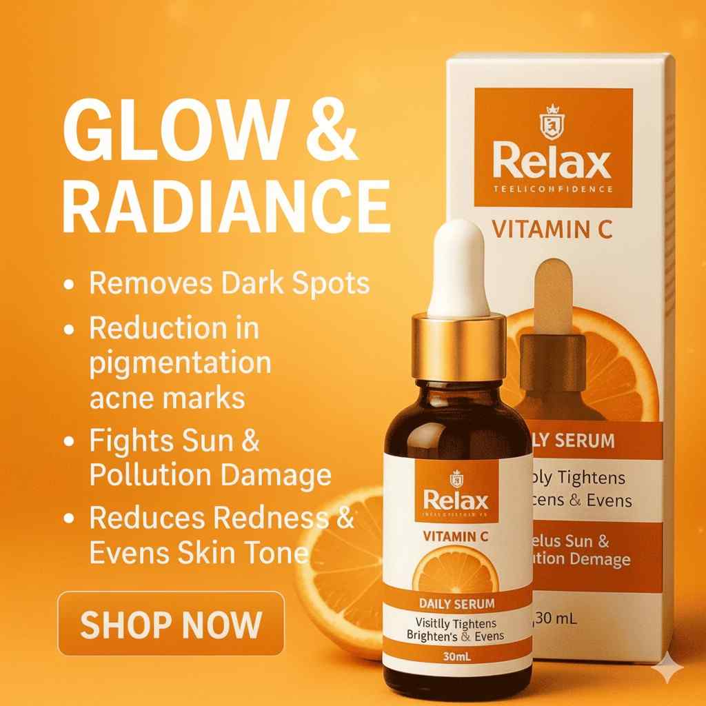 Relax Vitamin C skincare serum with packaging on an orange background