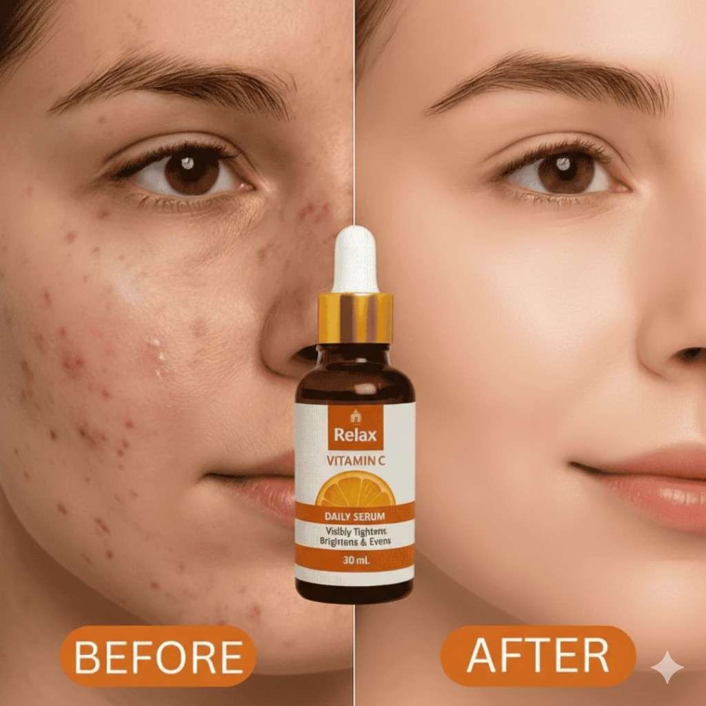 Before and after comparison of a face with acne treatment serum, featuring the Relax Vitamin C serum bottle.