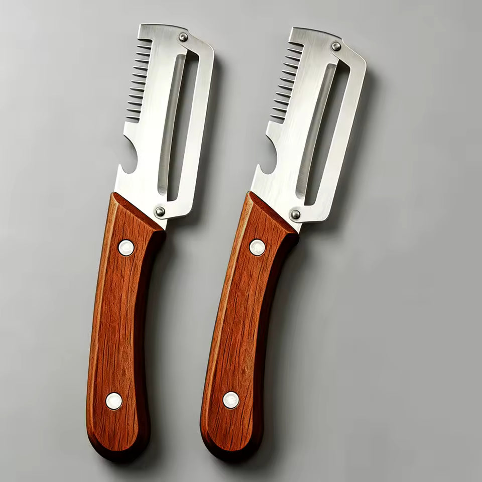 Two vegetable peelers with wooden handles on a gray background