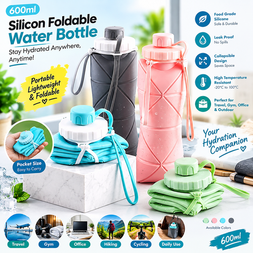 A promotional product graphic for a 600ml foldable silicone water bottle. The main product shown is a stackable, collapsible water bottle in three color variants: black, pink, and light green, displayed alongside folded versions in matching colors on a white marble block.