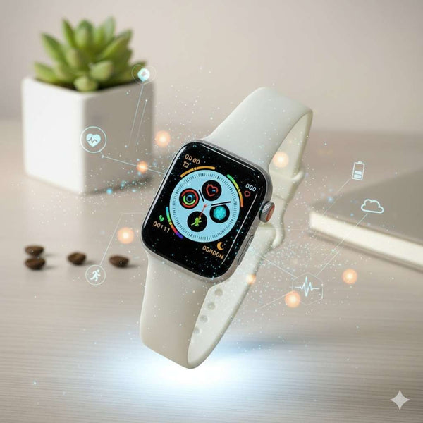 Smartwatch with a white band on a light background