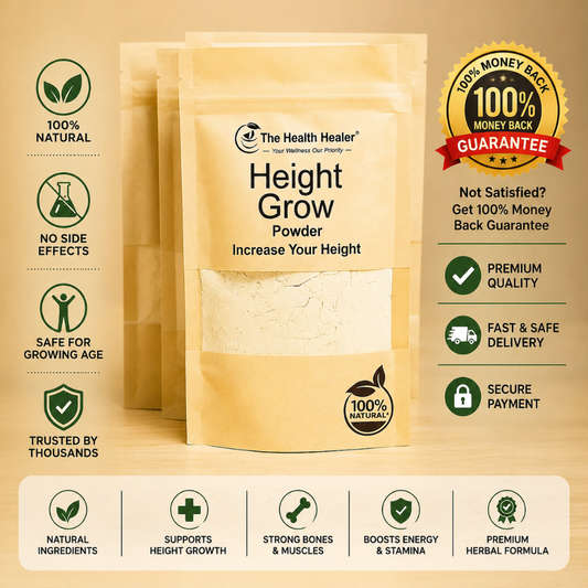Health supplement package for height growth with branding and guarantees on a beige background