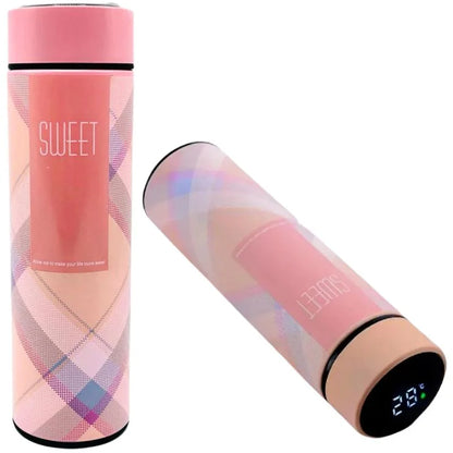 LED Temperature Display Water Bottle | Checkered Design  | Smart Stainless Steel Vacuum 500ml Flask | Random Color