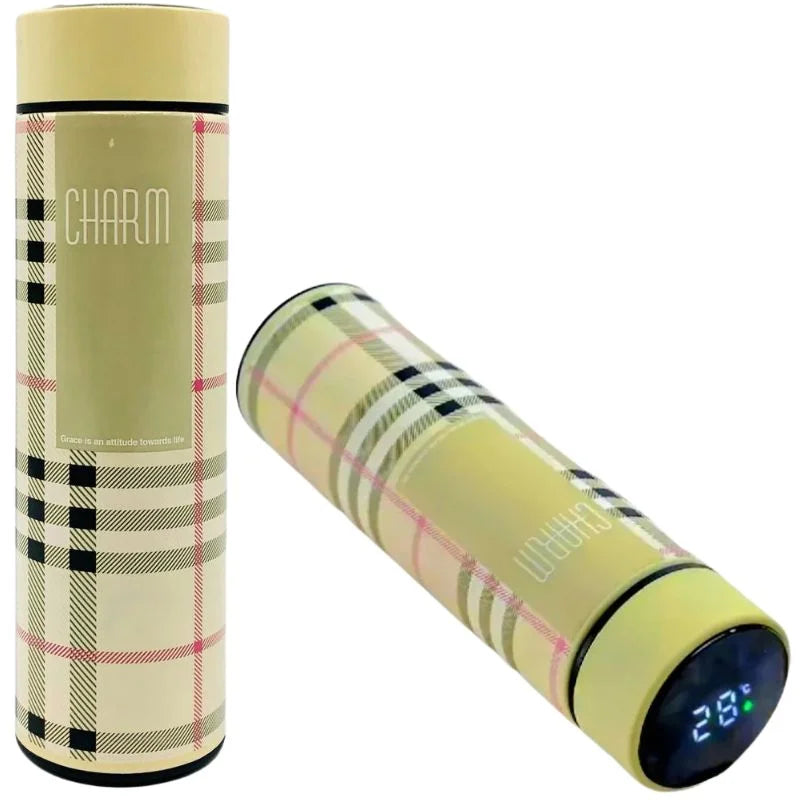LED Temperature Display Water Bottle | Checkered Design  | Smart Stainless Steel Vacuum 500ml Flask | Random Color