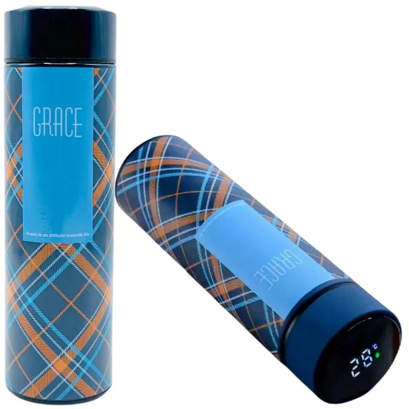 LED Temperature Display Water Bottle | Checkered Design  | Smart Stainless Steel Vacuum 500ml Flask | Random Color