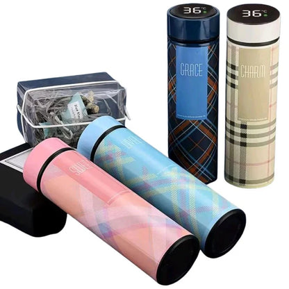 LED Temperature Display Water Bottle | Checkered Design  | Smart Stainless Steel Vacuum 500ml Flask | Random Color