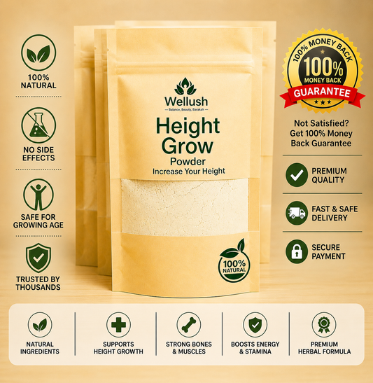 Wellush Height Grow Powder packaging with promotional text on a beige background