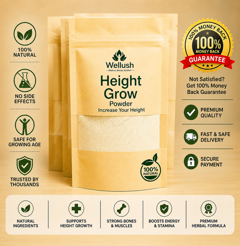 Wellush Height Grow Powder packaging with promotional text on a beige background