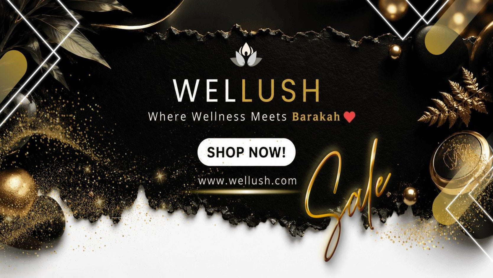 Promotional banner for Wellush with decorative elements and call to action text.