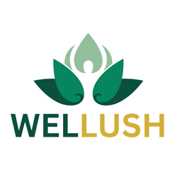 Welllush logo with green leaves and yellow text on a white background