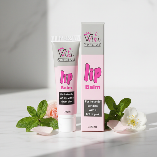 Lip balm tube and packaging with 'Wiki Special' branding on a light background.