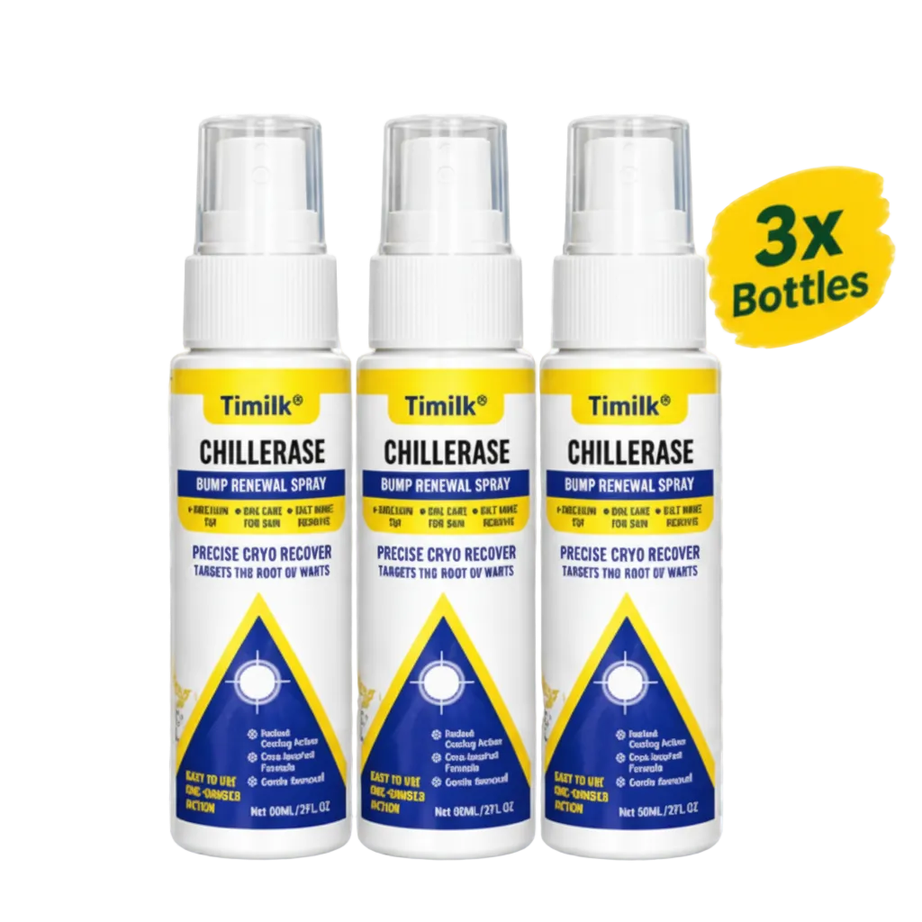 Three bottles of Timilk Chillerase Precise Cya Recovery shown against a pale yellow background with green leaves at the bottom and a yellow '3x Bottles' badge in the top right.