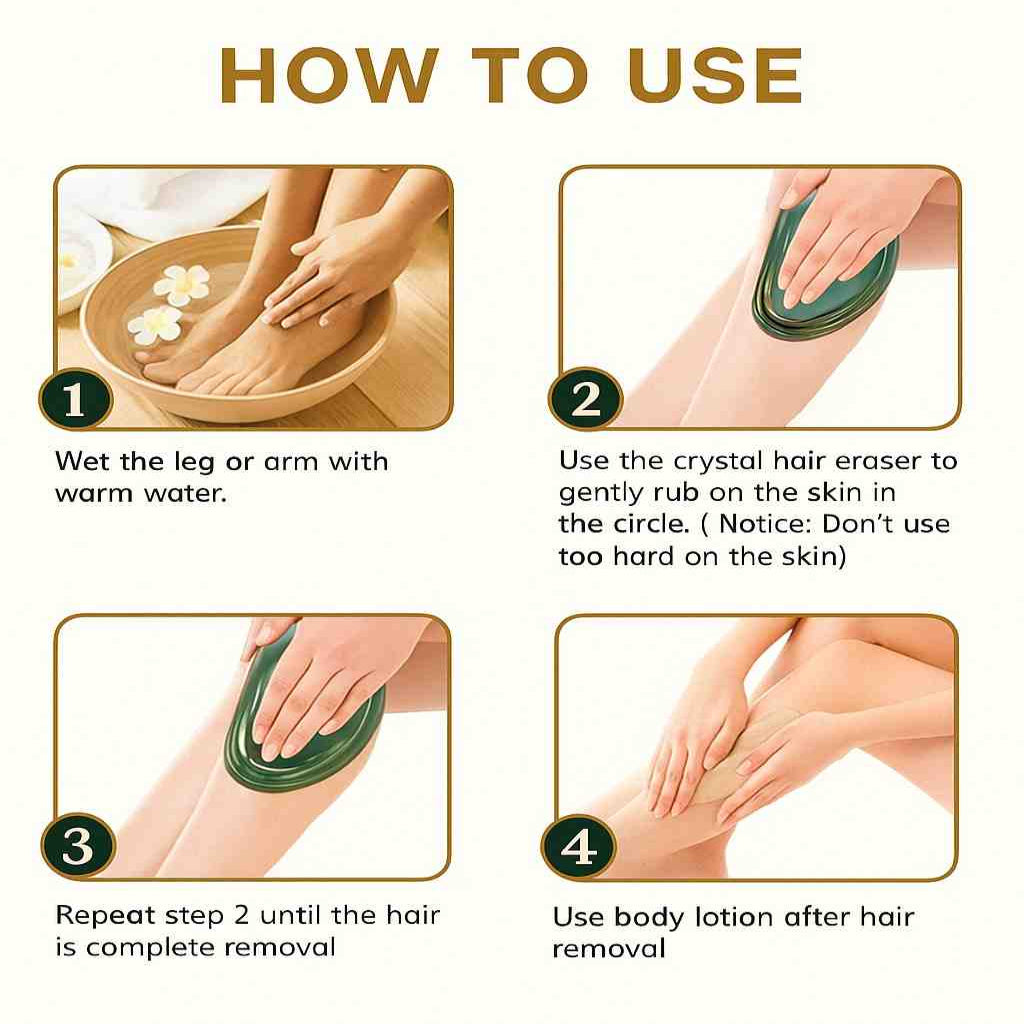 Step-by-step guide on how to use a crystal hair eraser with images and text.