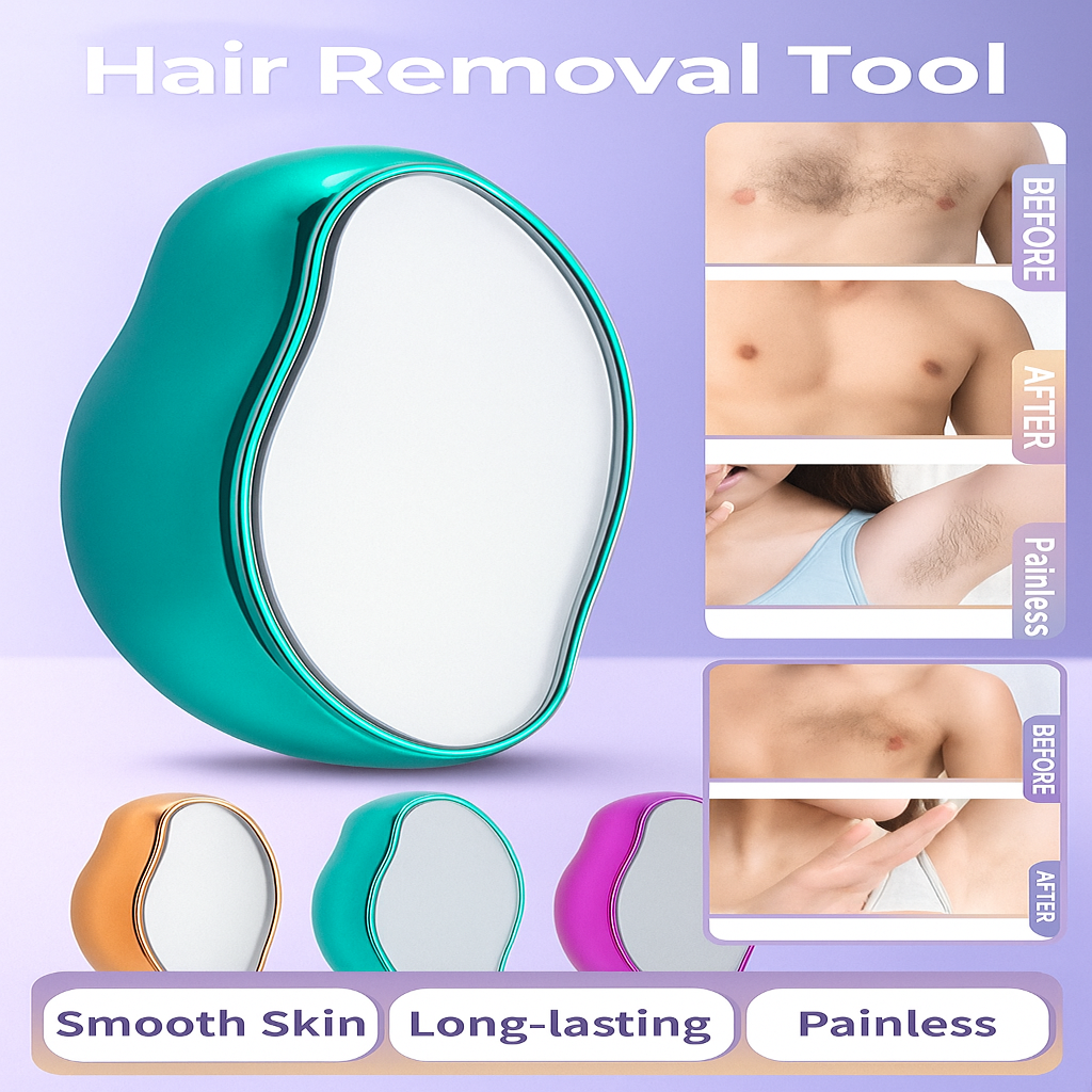 Hair removal tool with 'Before' and 'After' images on a purple background