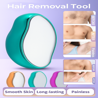 Hair removal tool with 'Before' and 'After' images on a purple background