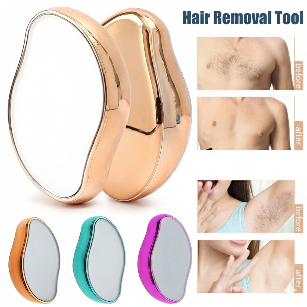 Hair removal tool with before and after images on a white background