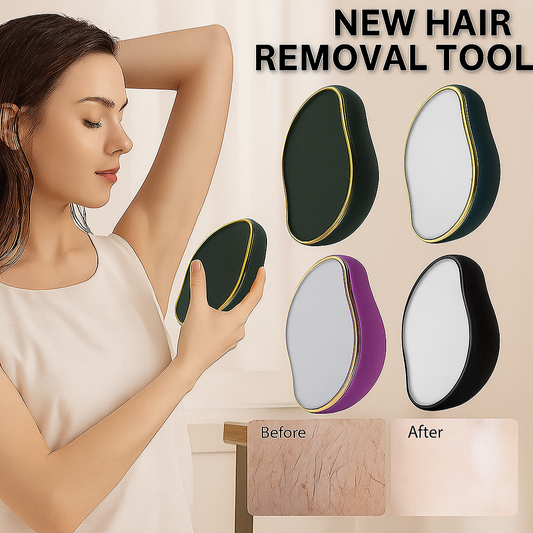 Woman using a hair removal tool with product images and 'Before'/'After' comparison on a beige background.