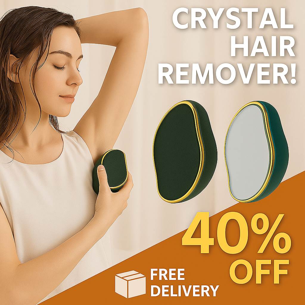 Woman using a crystal hair remover with promotional text and discount offer on a beige background