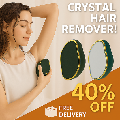 Woman using a crystal hair remover with promotional text and discount offer on a beige background
