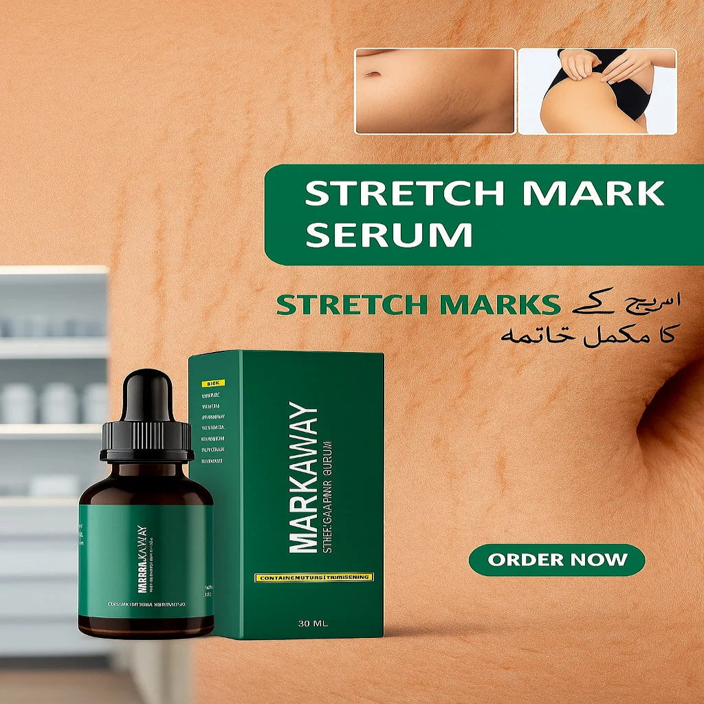 Markaway stretch mark serum packaging with bottle on a wooden background