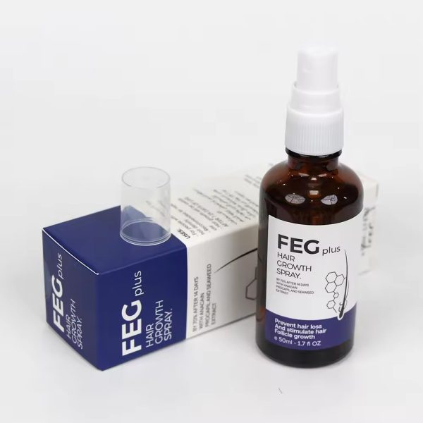 FEG plus hair growth spray bottle with packaging on a white background