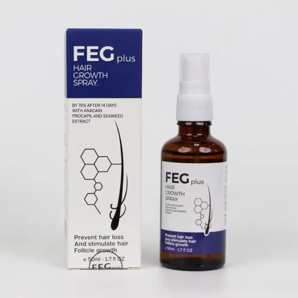 FEG plus hair growth spray bottle and packaging on a white background