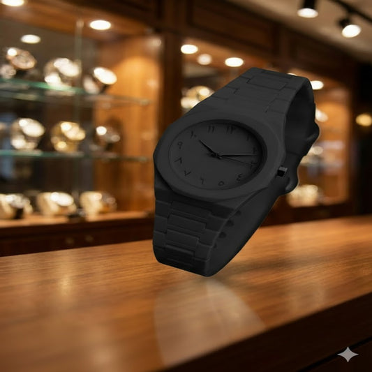 Black watch on a wooden surface with a blurred background