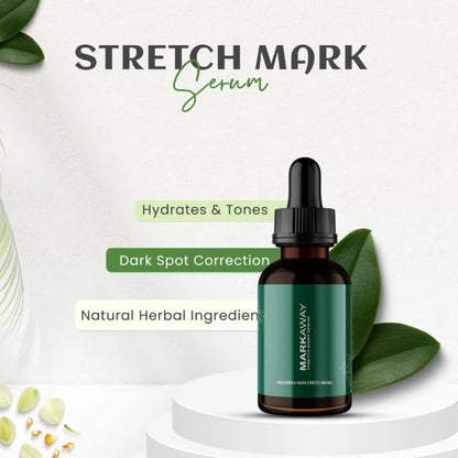 Bottle of Stretch Mark Serum with green leaves and text on a white background