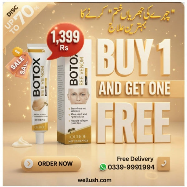 Promotional advertisement for Botox product with pricing and offer details on a beige background.