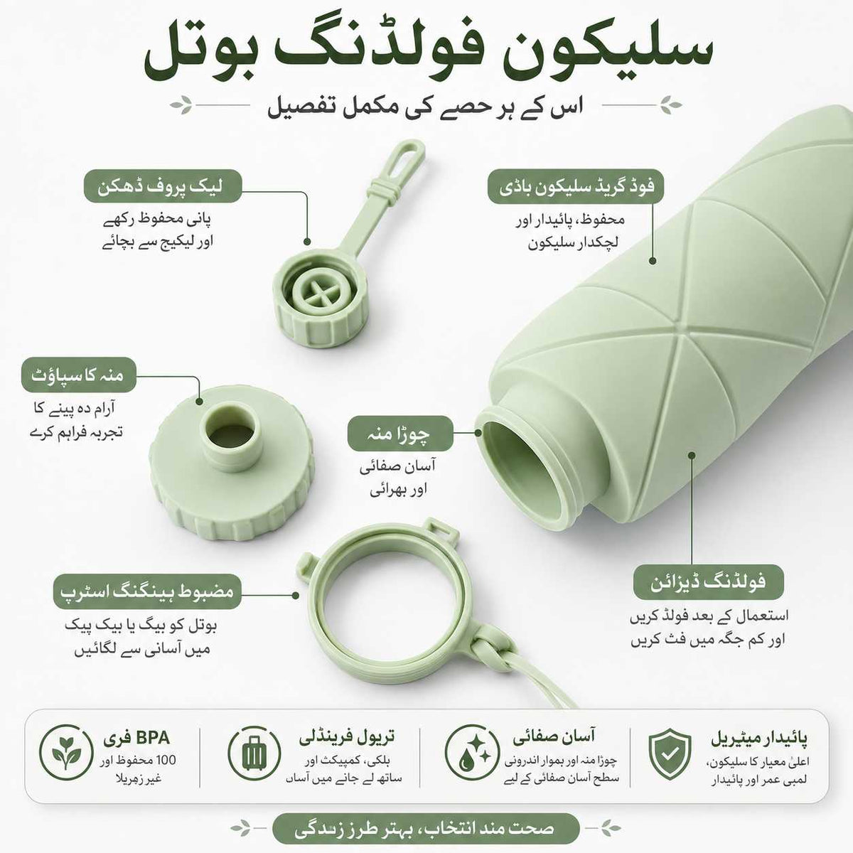 An infographic in Persian explaining the disassembled parts of a green silicone bottle, showing the bottle body, cap, ring, and internal opening, with text labels and small feature icons at the bottom.
