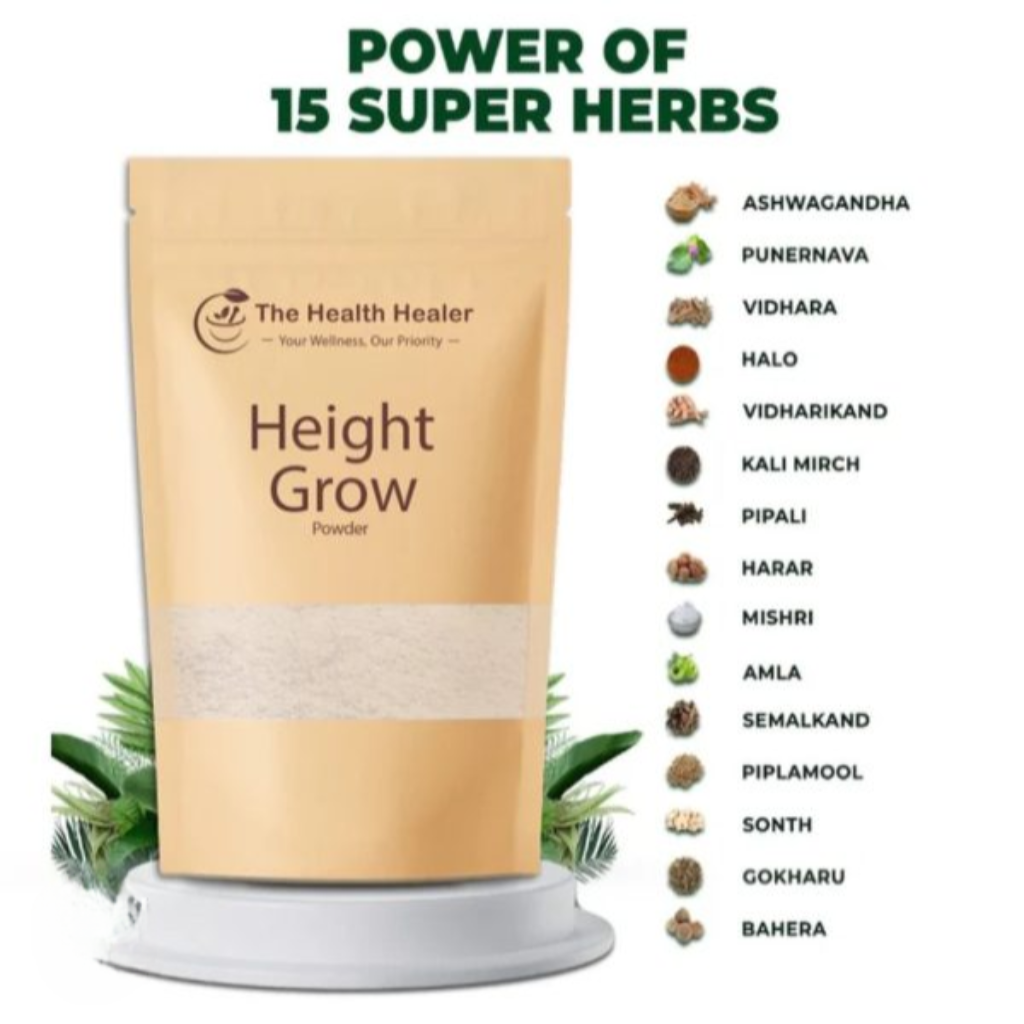 Height Grow Powder packaging with super herbs listed on a white background